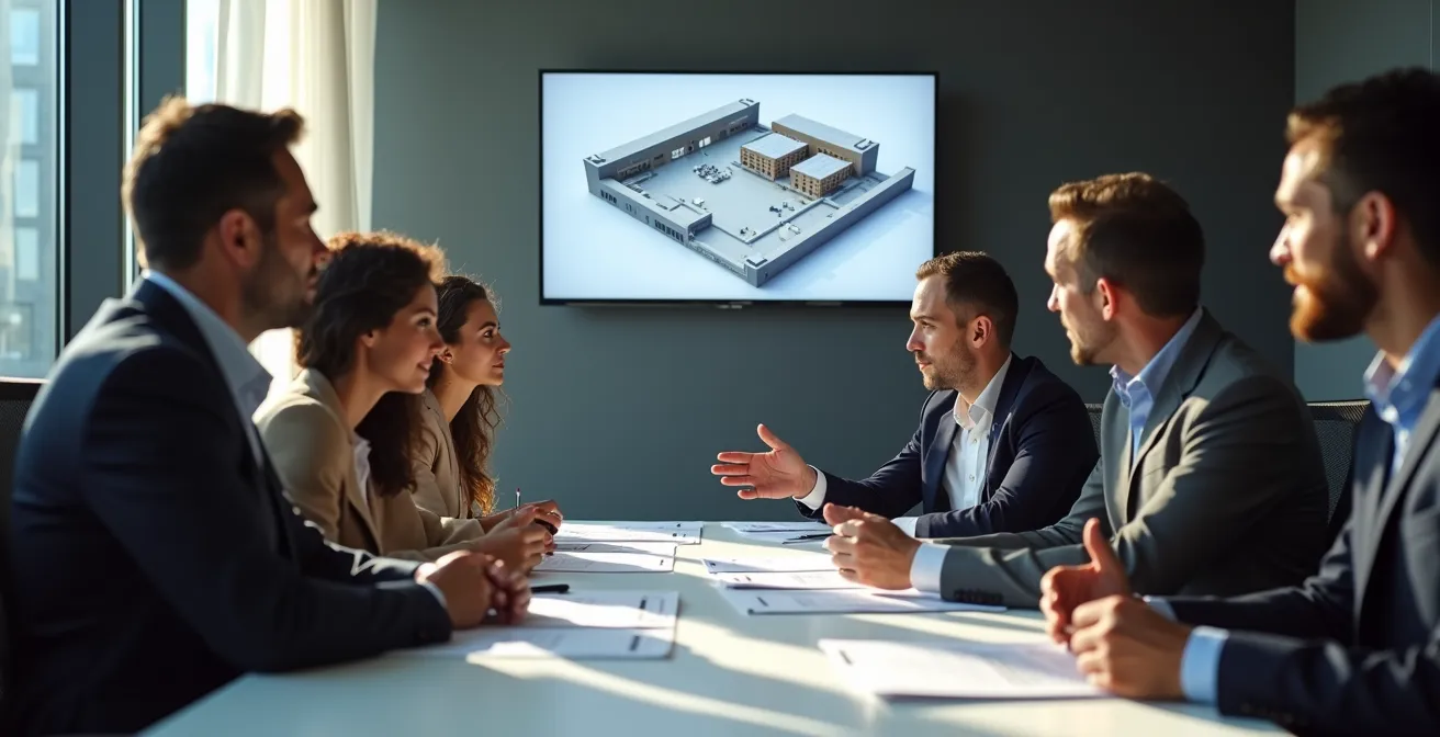 Verhandlungsraum mit Betriebsrat und Geschäftsführung diskutieren Überwachungskonzept