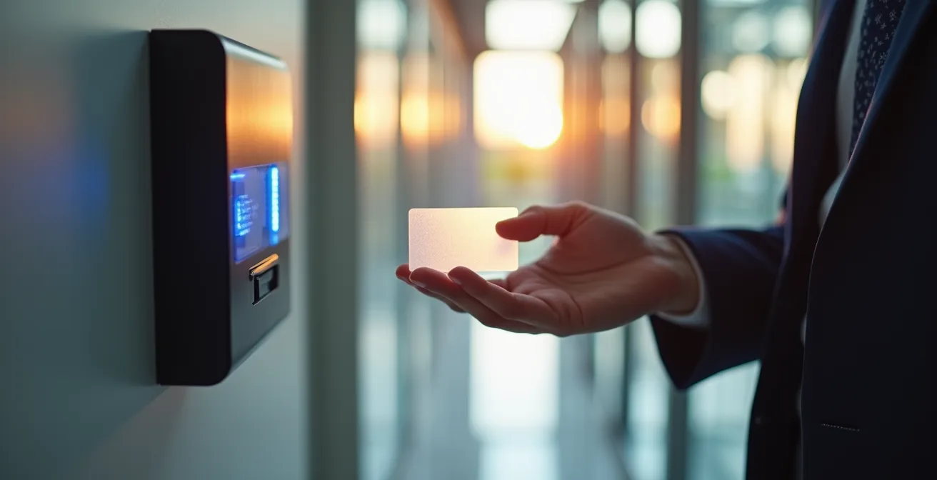 Mitarbeiter nutzt multifunktionalen Chip für Zutrittskontrolle und Zeiterfassung an einem modernen Lesegerät.