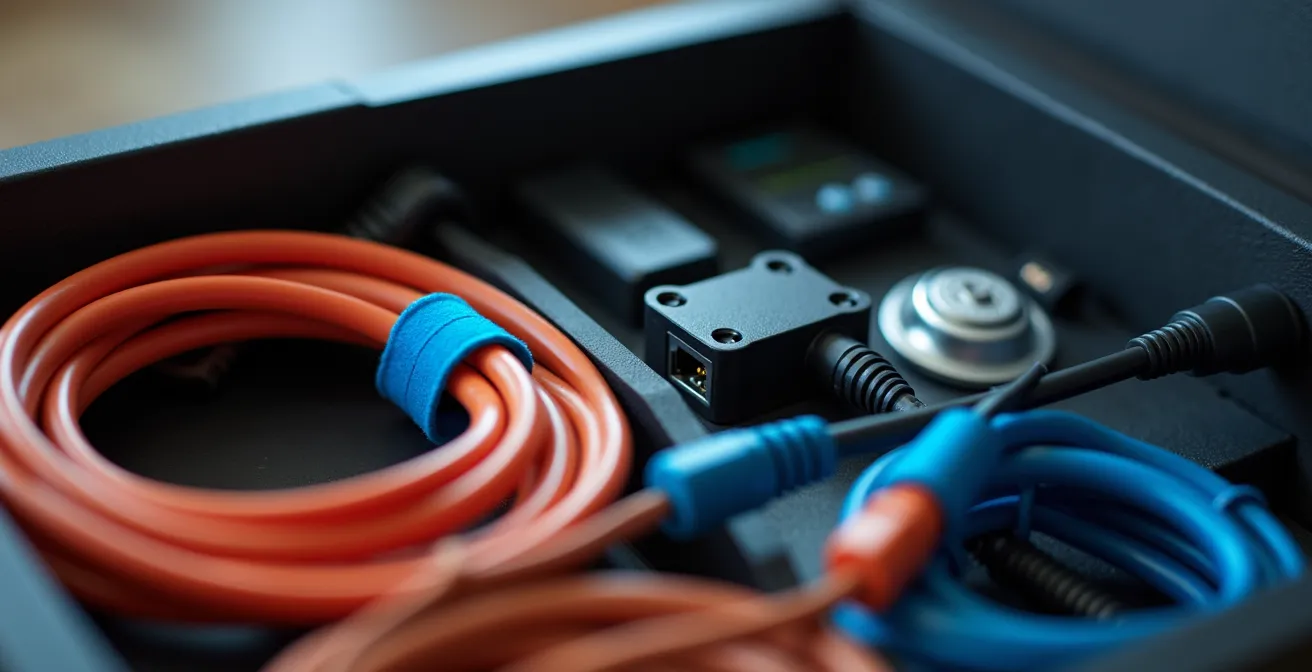 Makroaufnahme eines vorbereiteten Kabel-Kits in einer beschrifteten Box für einen Arbeitsplatz