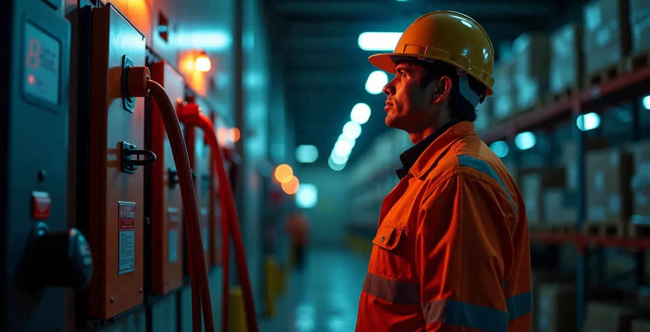 Weitwinkelaufnahme einer modernen E-Stapler-Ladestation mit sichtbaren Sicherheitssystemen