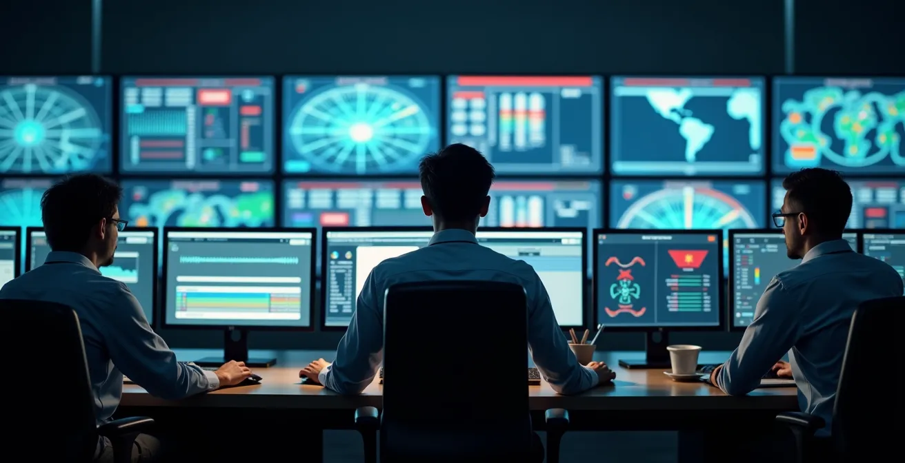 Moderner Kontrollraum mit digitalen Bildschirmen zur Überwachung von Güterzügen im Kombinierten Verkehr