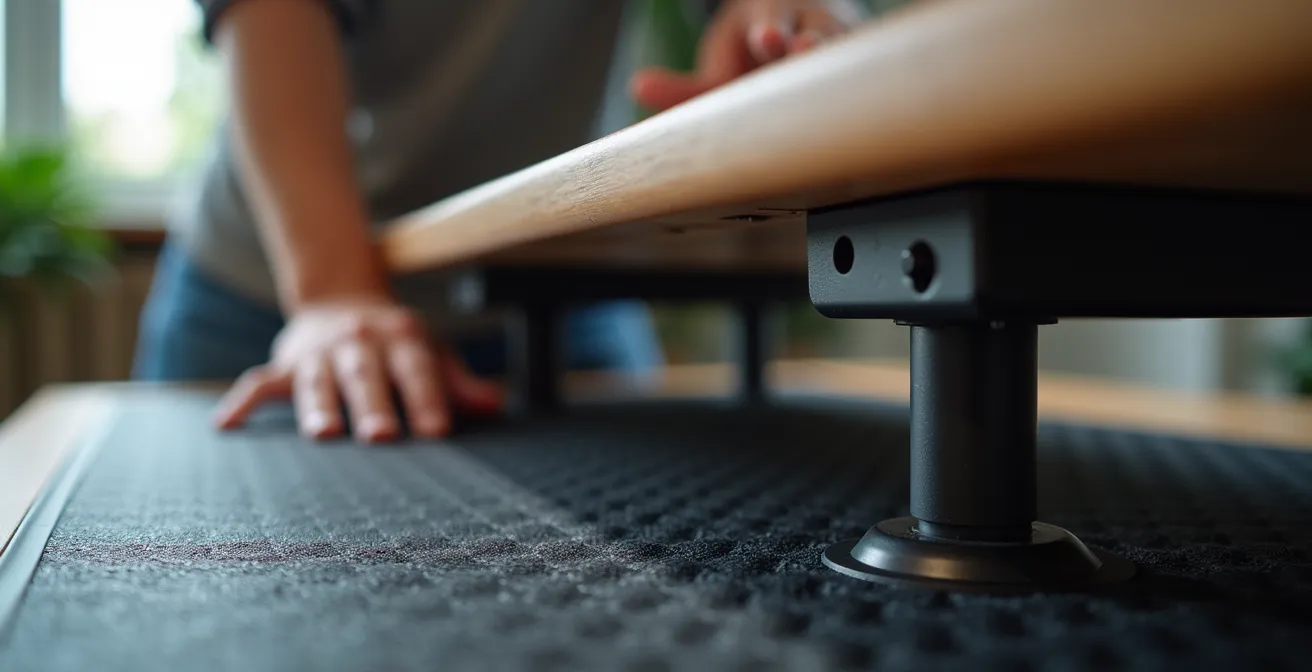 Detailaufnahme eines höhenverstellbaren Arbeitsplatzes mit Anti-Ermüdungsmatte und optimaler Arbeitshöhe