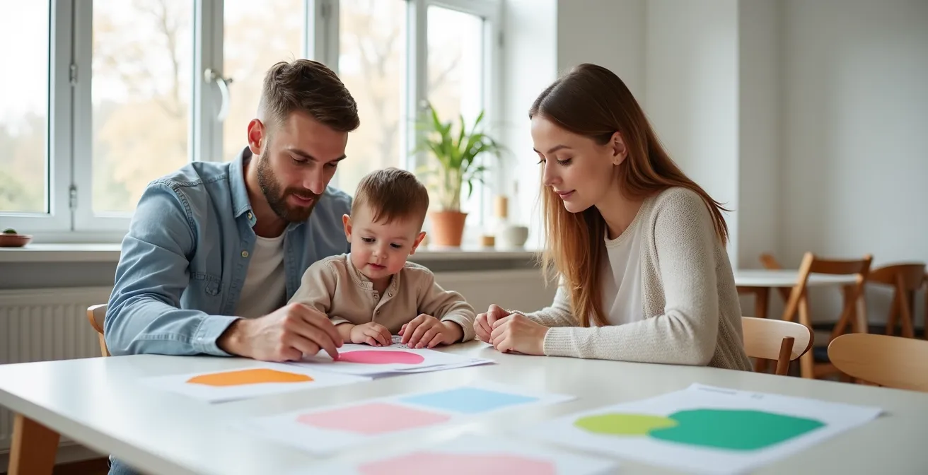 Familie mit Dokumenten für Kita-Anmeldung