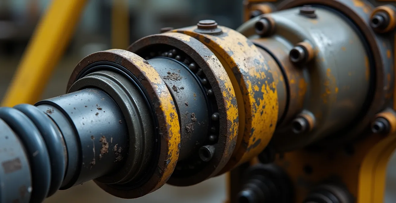 Makroaufnahme von Hydraulikkomponenten und Verschleissteilen eines Saugbaggers