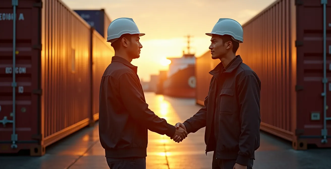Containerverladung im Hafen mit symbolischer Darstellung des Gefahrenübergangs