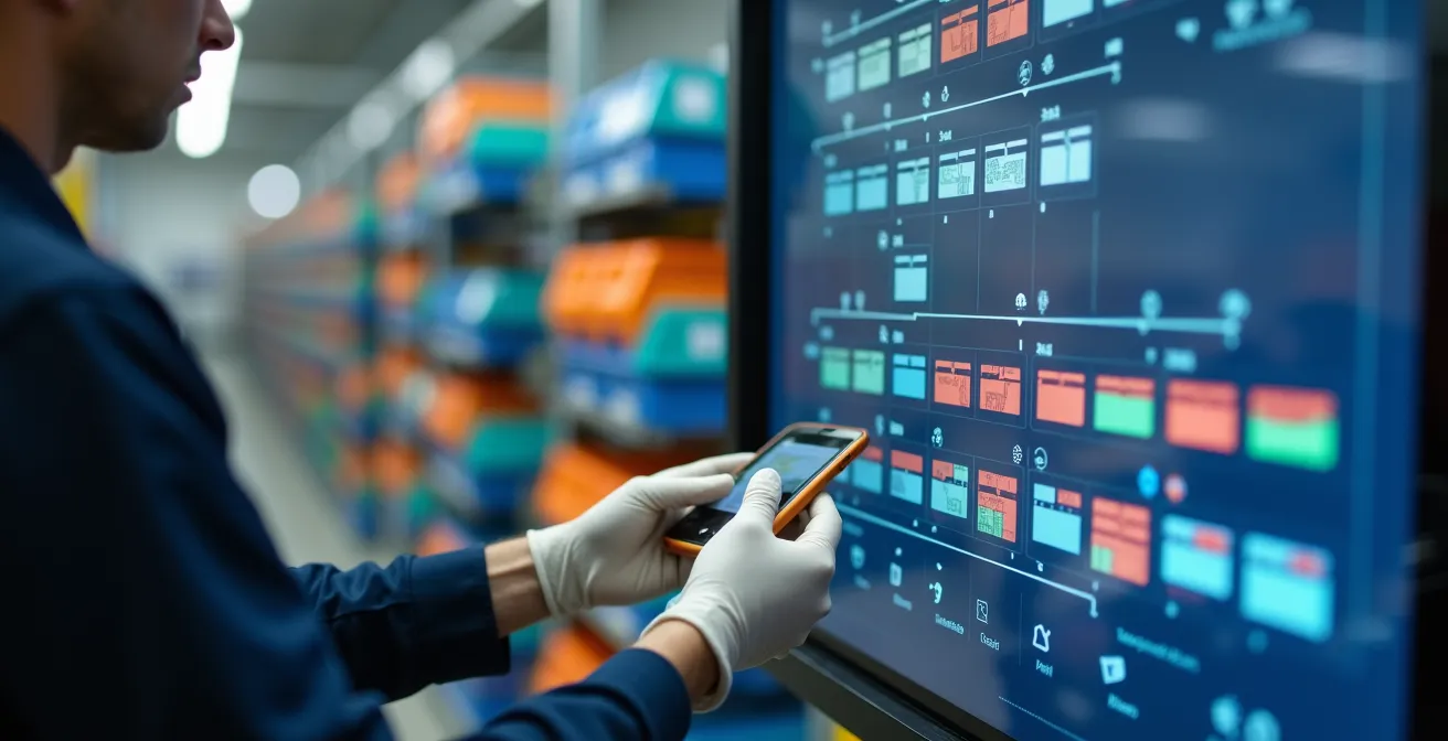 Digitales Kanban-Board mit RFID-Sensoren in moderner Produktionshalle