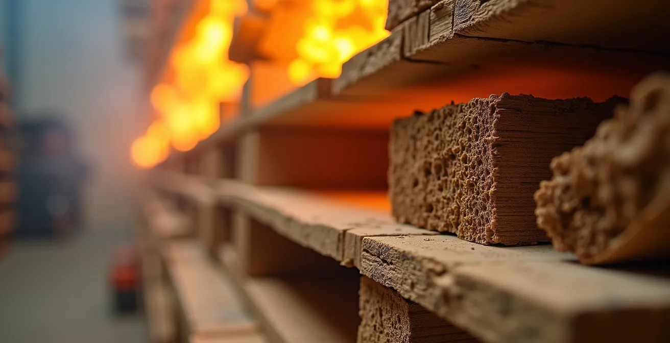 Makroaufnahme von Kartonwellpappe und Holzpaletten-Struktur zeigt Brennbarkeit