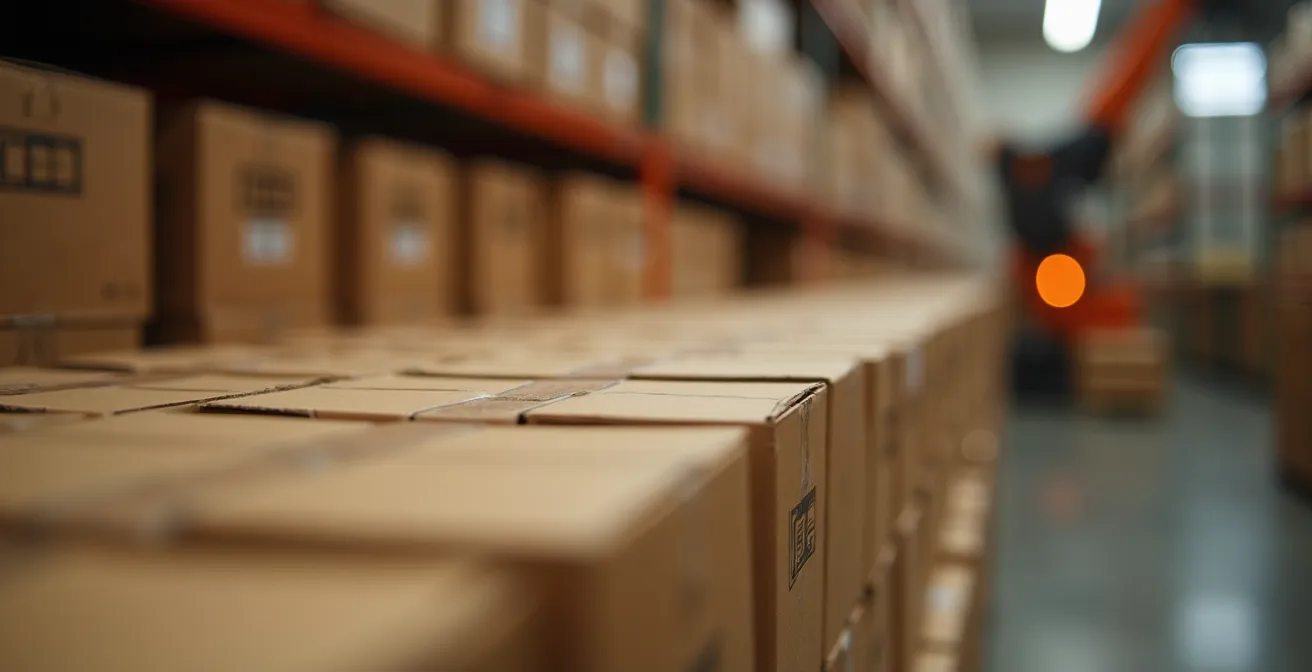 KI-gesteuerte prädiktive Bestandsoptimierung in einem modernen Lager, dargestellt durch eine Makroaufnahme von Paketen im Regal.