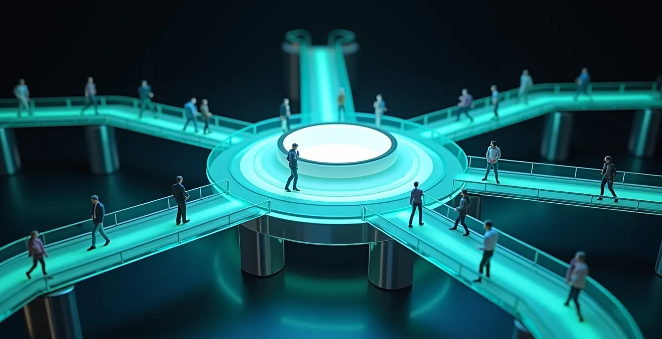 Visualisierung der partnerschaftlichen Datenintegration zwischen Lieferanten und Unternehmen durch konvergierende Glasbrücken.