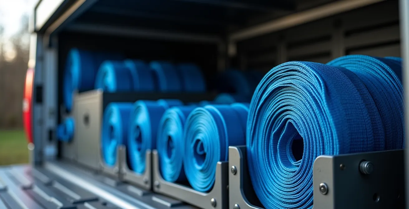 Professionell organisiertes Zurrgurt-Lagersystem in einem LKW-Staukasten