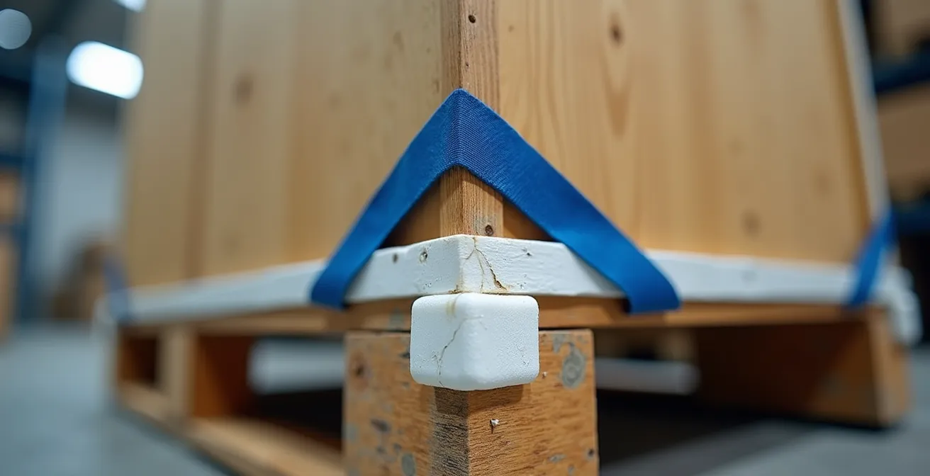 Professionell gesicherte Kommode auf Europalette mit Spanngurten und Kantenschutz