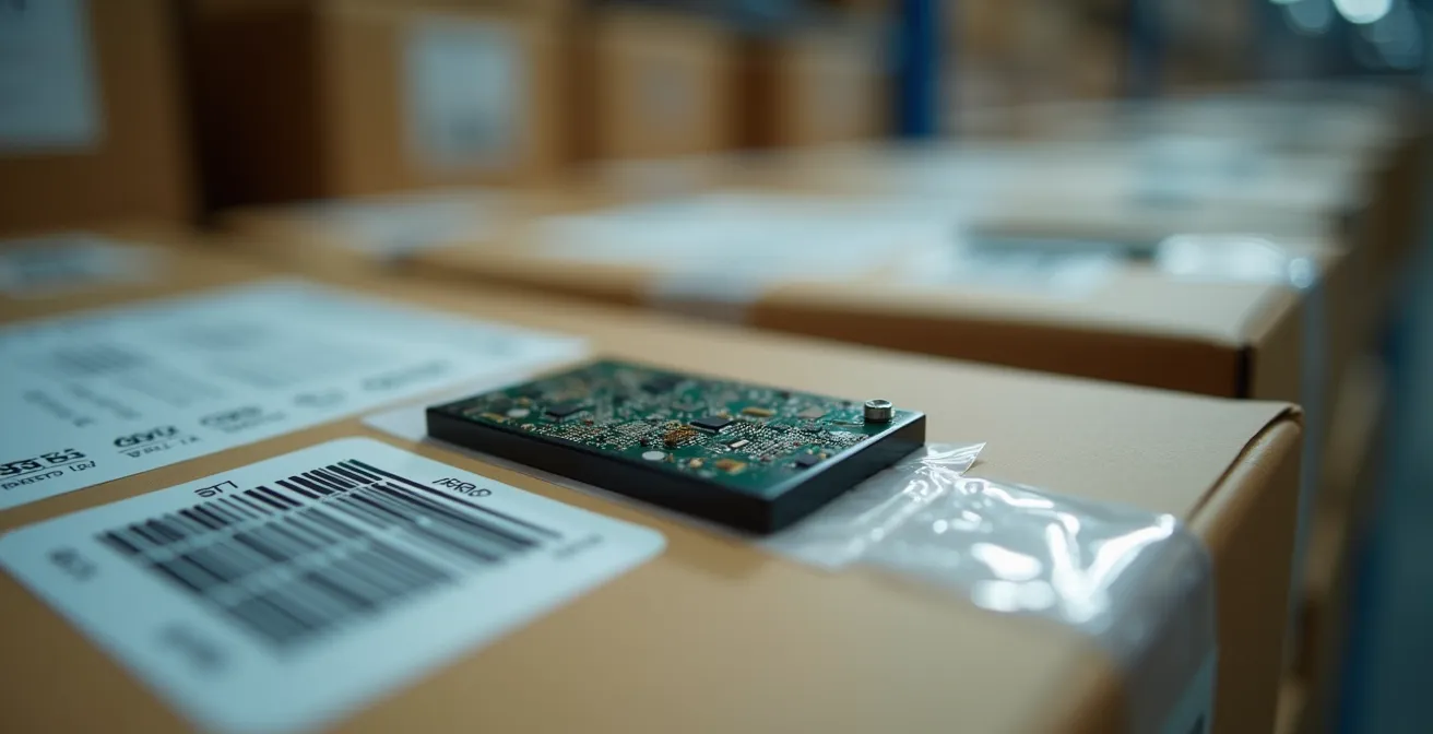 Nahaufnahme von RFID-Tags auf Lagerpaletten