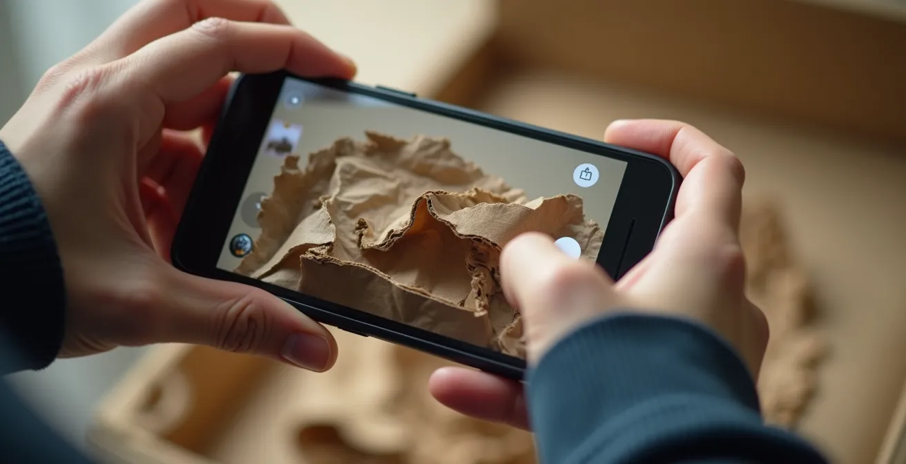 Nahaufnahme von Händen, die mit einem Smartphone einen Transportschaden an einer Verpackung fotografieren, um Beweise zu sichern.