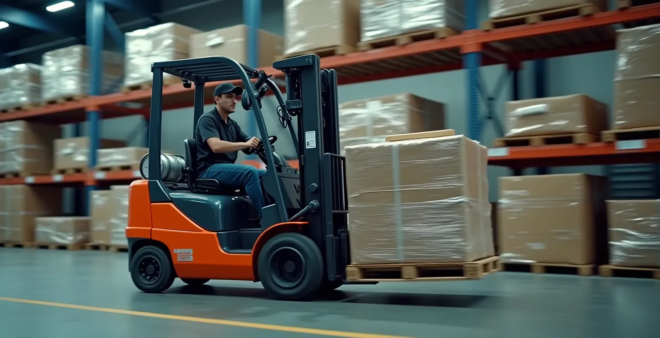Gabelstapler bewegt Paletten in einem modernen Distributionszentrum bei Notfallauslagerung