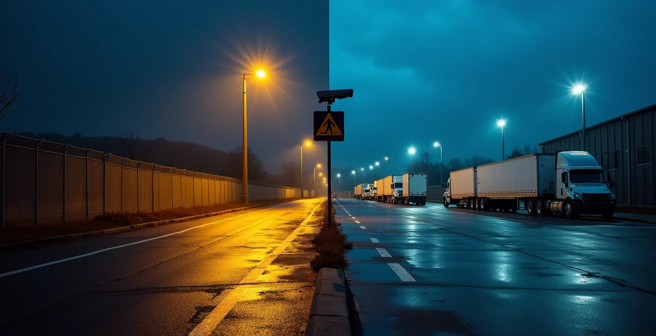Moderner bewachter Premium-Parkplatz für LKW mit Sicherheitszaun und Videoüberwachung bei Nacht