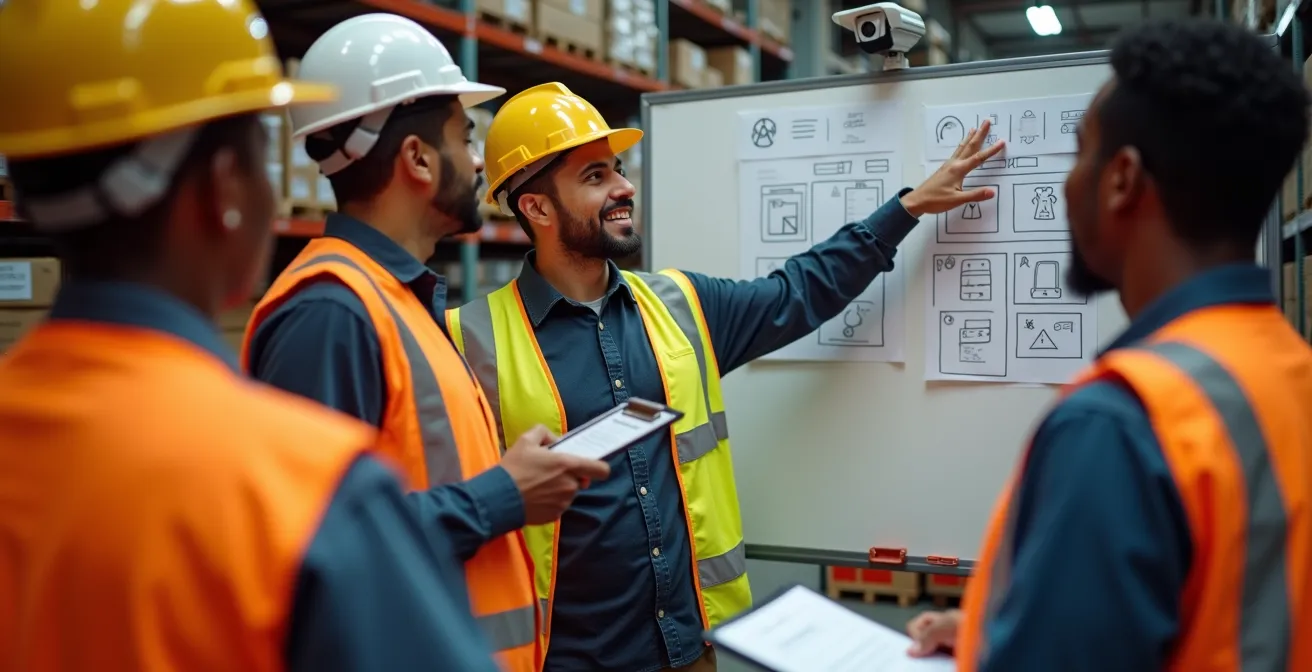 Lagermitarbeiter bei Sicherheitsschulung mit anonymisierten Frachtcodes und Kontrollsystemen