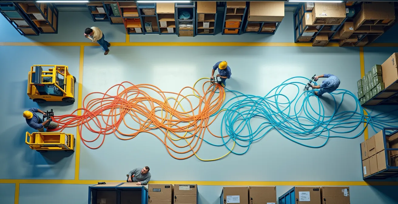 Vogelperspektive auf Produktionshalle mit visualisierten Mitarbeiter-Bewegungsmustern