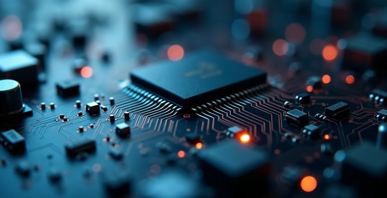 Makroaufnahme eines Telematik-Sensors mit sichtbaren Datenströmen