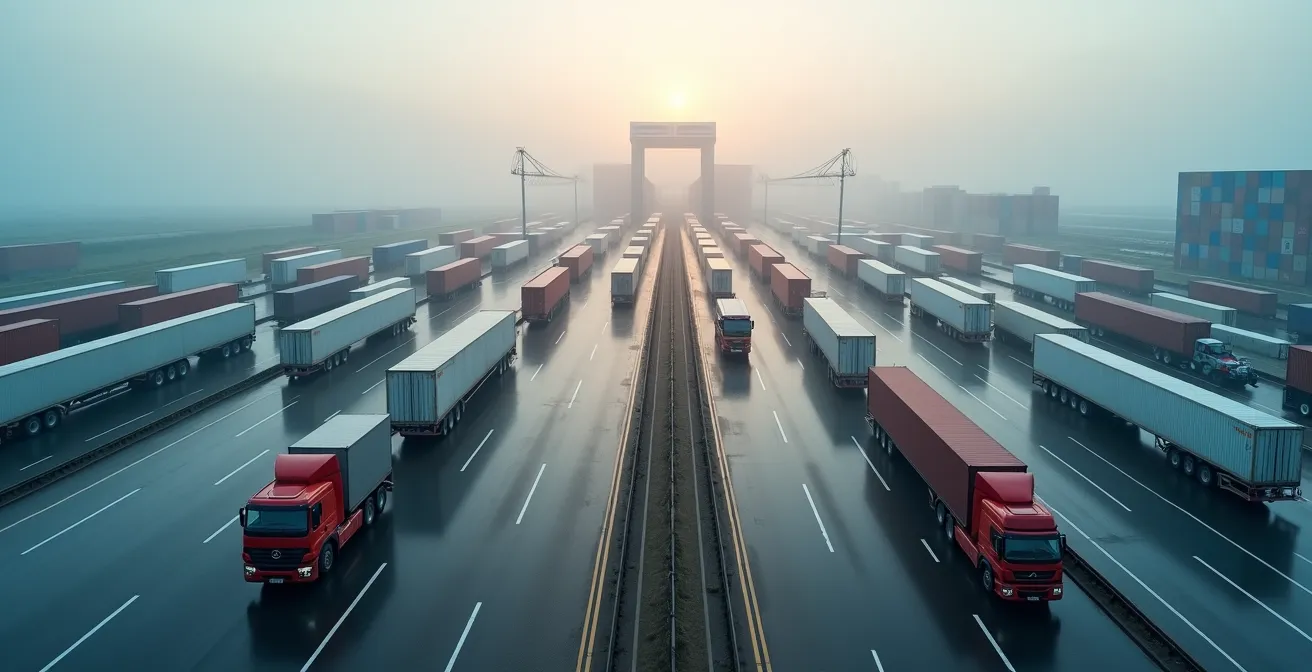 Effiziente Organisation des Nachlaufs am KV-Terminal mit wartenden LKW in geordneten Reihen