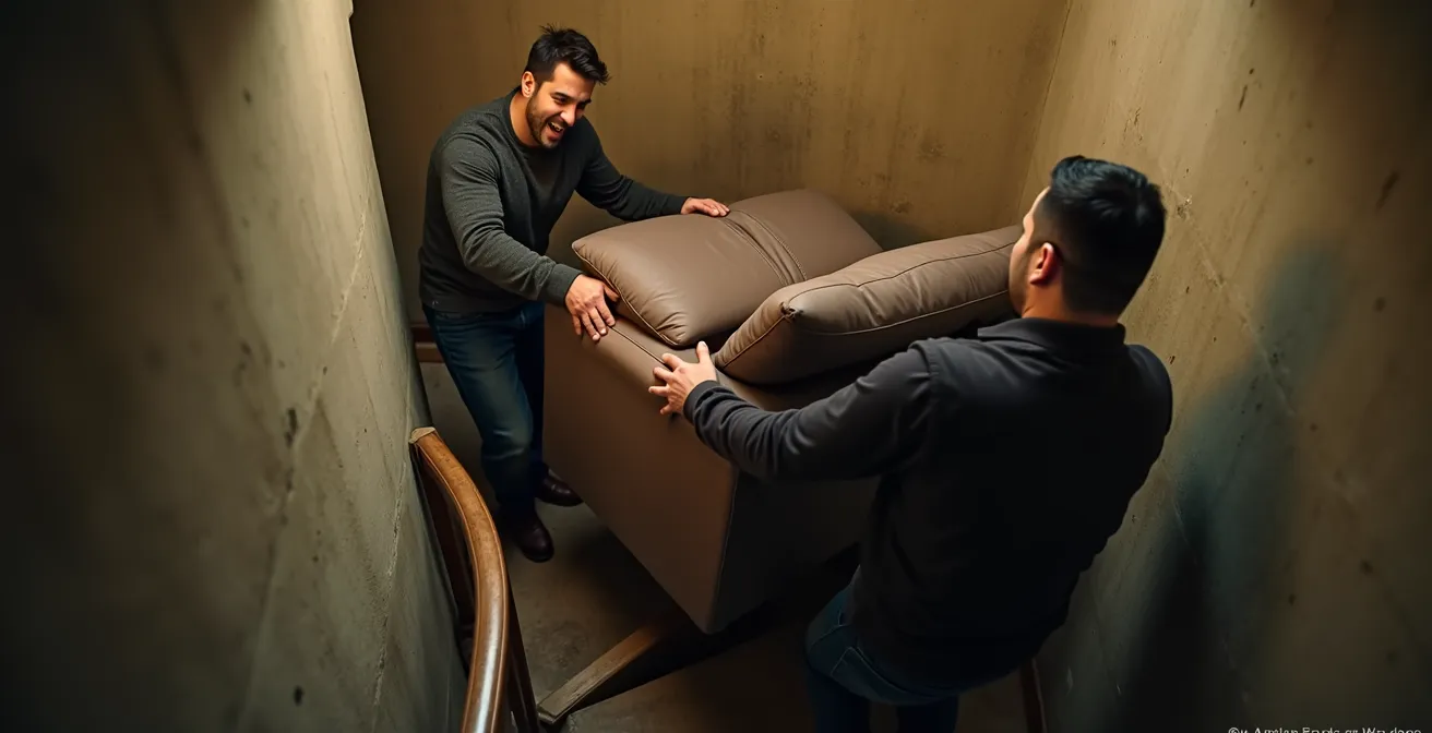 Umzugshelfer tragen schwere Möbel über schmale Wendeltreppe