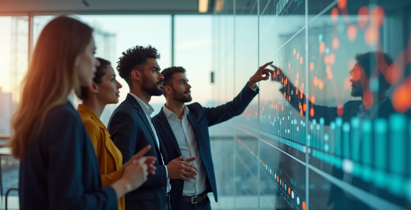 Mitarbeiter betrachten eine visuelle Umzugs-Timeline an einer Glaswand im Büro