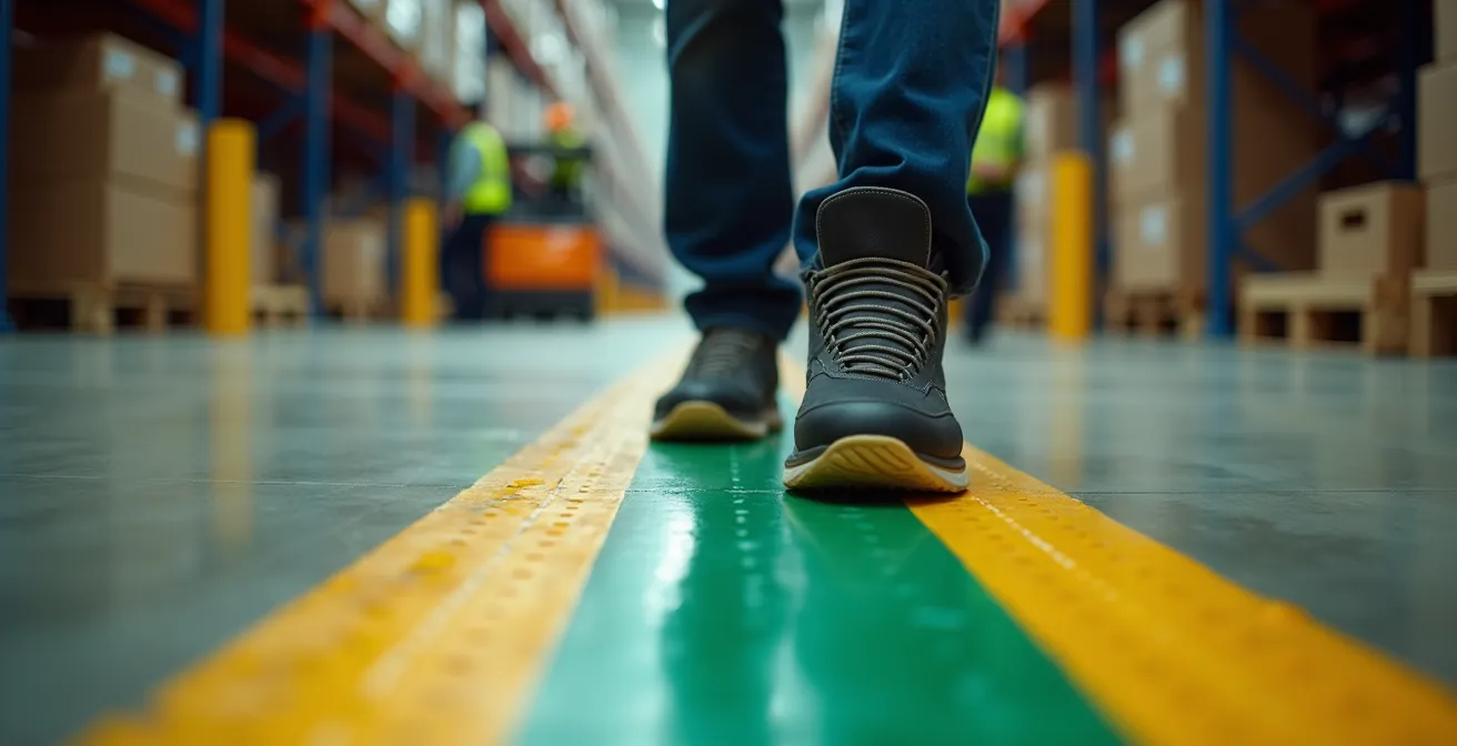 Farbcodierte Bodenmarkierungen als dauerhafte Sicherheitserinnerung im Lager