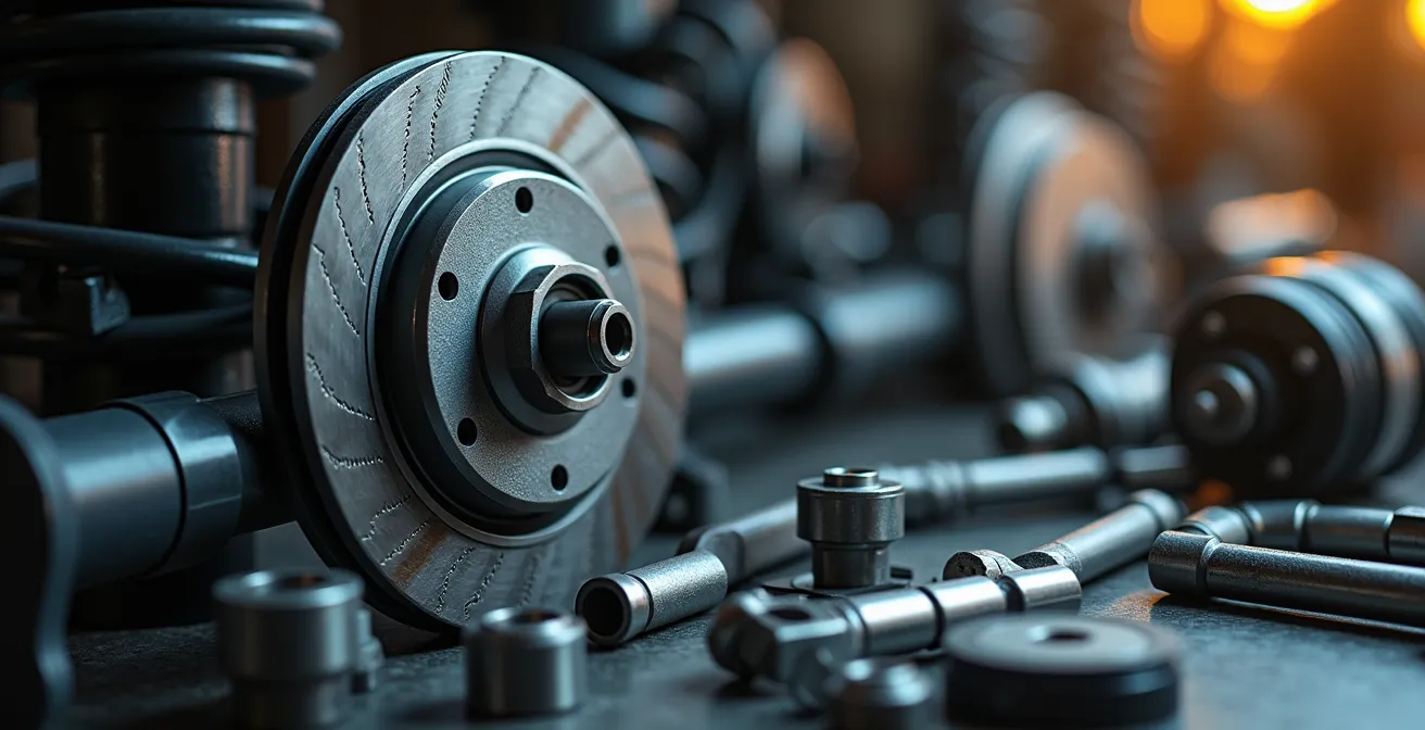 Nahaufnahme von Fahrzeugteilen und Werkzeugen in professioneller Werkstatt