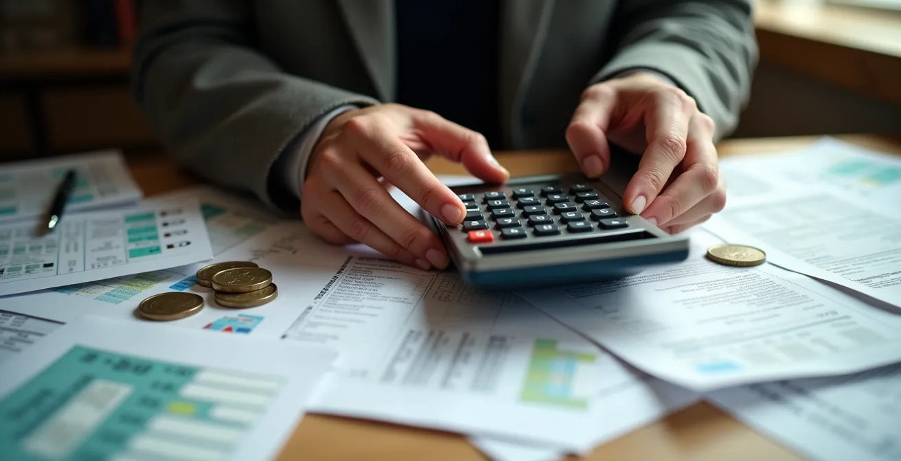 Detailaufnahme von Händen mit Dokumenten und Taschenrechner bei der Kostenberechnung der Halteverbotszone