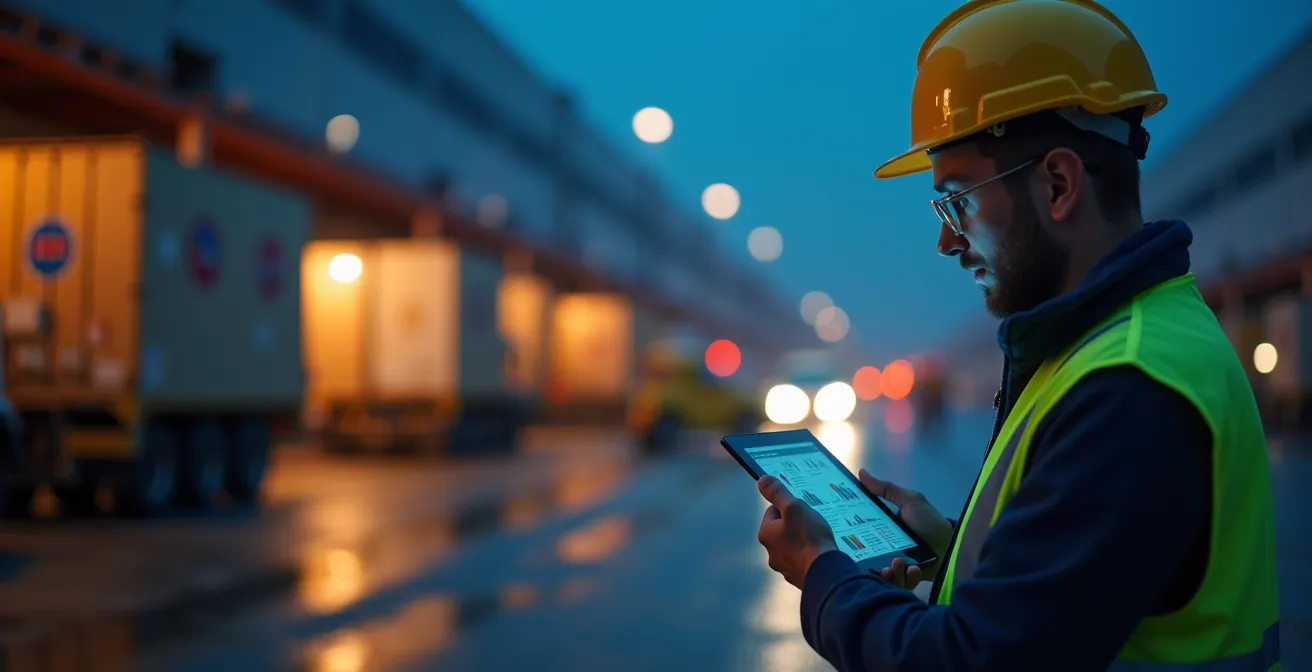 Logistikzentrum bei Nacht mit optimiertem Schichtbetrieb