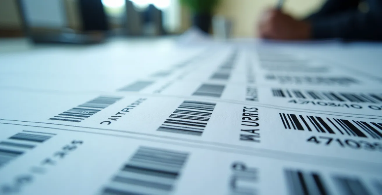 Nahaufnahme von Zolldokumenten mit Barcode und Klassifizierungscodes in abstrakter Darstellung