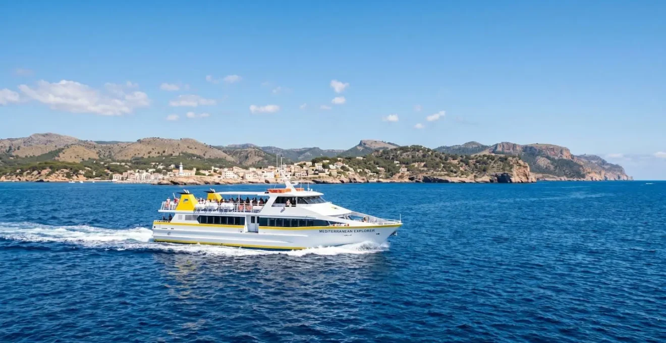 Ein modernes weiß-gelbes Fährschiff von Corsica Ferries fährt bei strahlendem Sonnenschein über das tiefblaue Mittelmeer mit Küstenlandschaft im Hintergrund