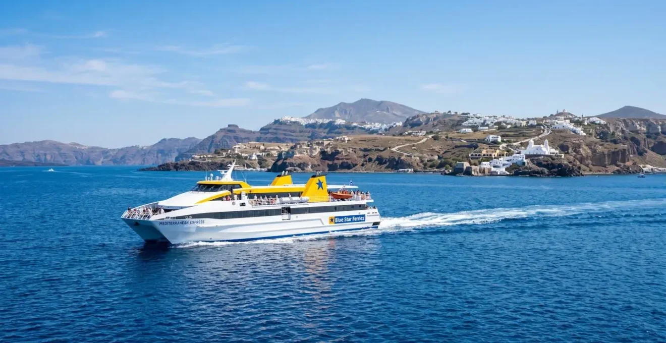 Ein modernes weiß-gelbes Fährschiff von Corsica Ferries fährt bei strahlendem Sonnenschein über das tiefblaue Mittelmeer mit Küstenlandschaft im Hintergrund