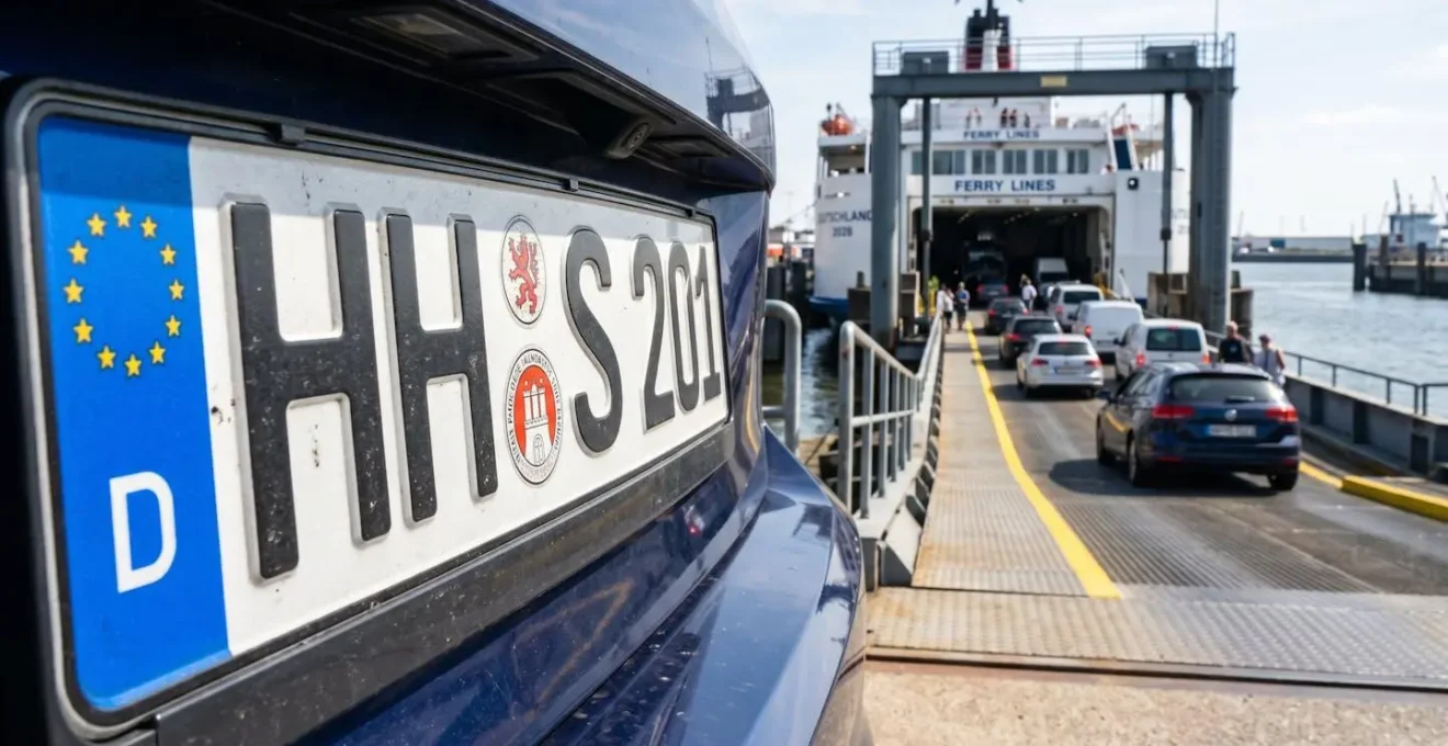 Extreme Nahaufnahme eines deutschen Autokennzeichens vor einer metallischen Fährrampe in einem modernen Hafenterminal bei Tageslicht