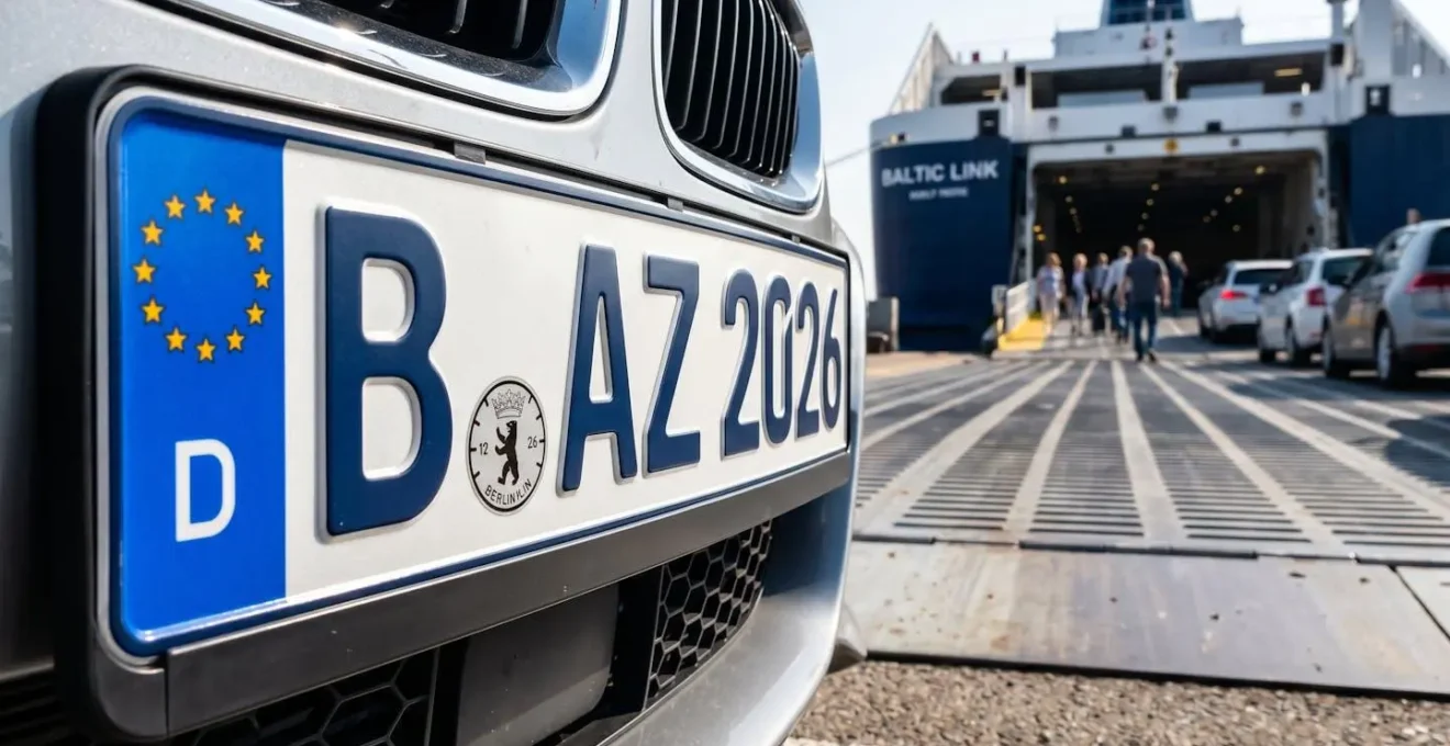 Extreme Nahaufnahme eines deutschen Autokennzeichens vor einer metallischen Fährrampe in einem modernen Hafenterminal bei Tageslicht