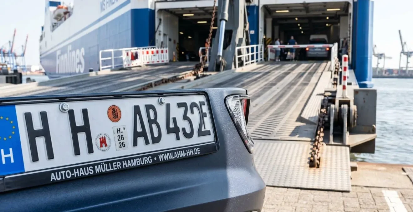 Extreme Nahaufnahme eines deutschen Autokennzeichens vor einer metallischen Fährrampe in einem modernen Hafenterminal bei Tageslicht