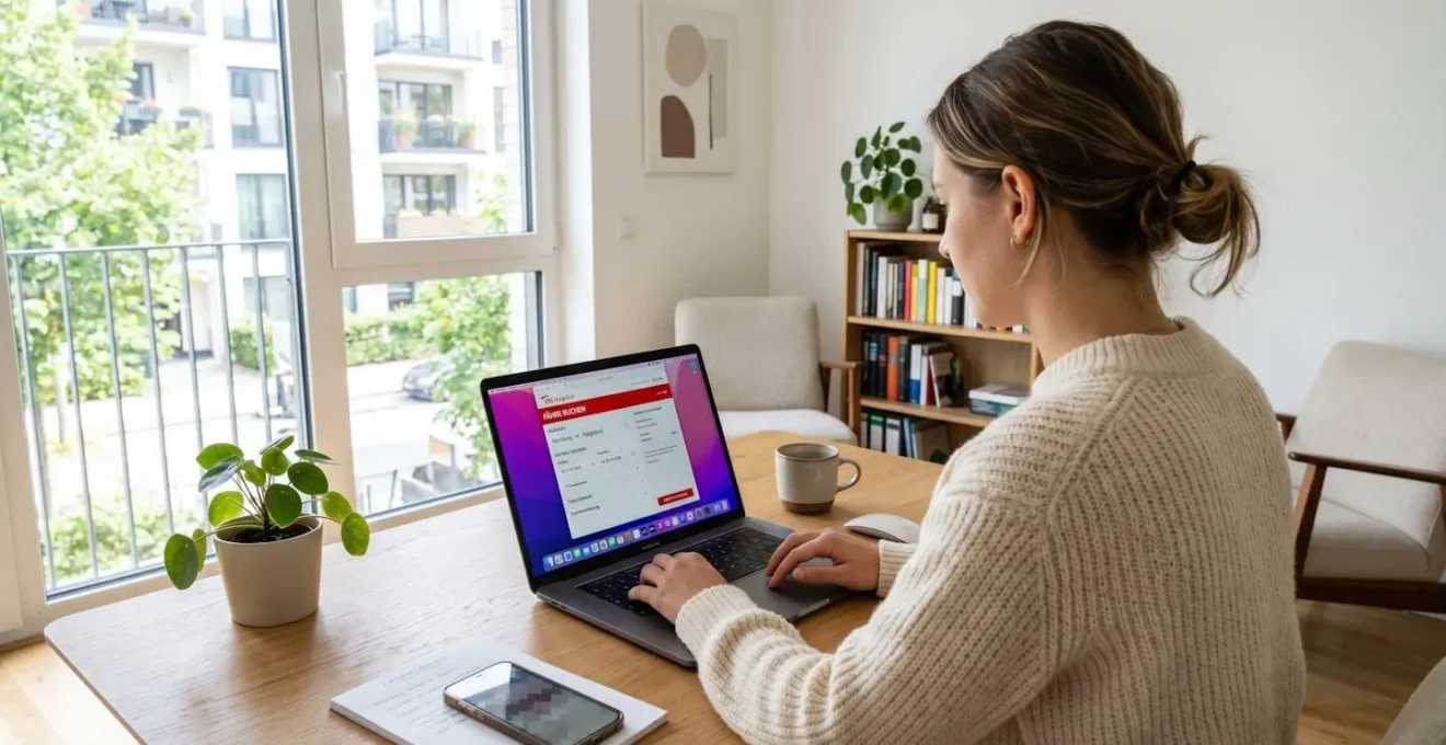 Eine Person sitzt an einem hellen modernen Schreibtisch und bucht eine Fährüberfahrt auf einem Laptop, Blick über die Schulter auf den Bildschirm mit Buchungsinterface