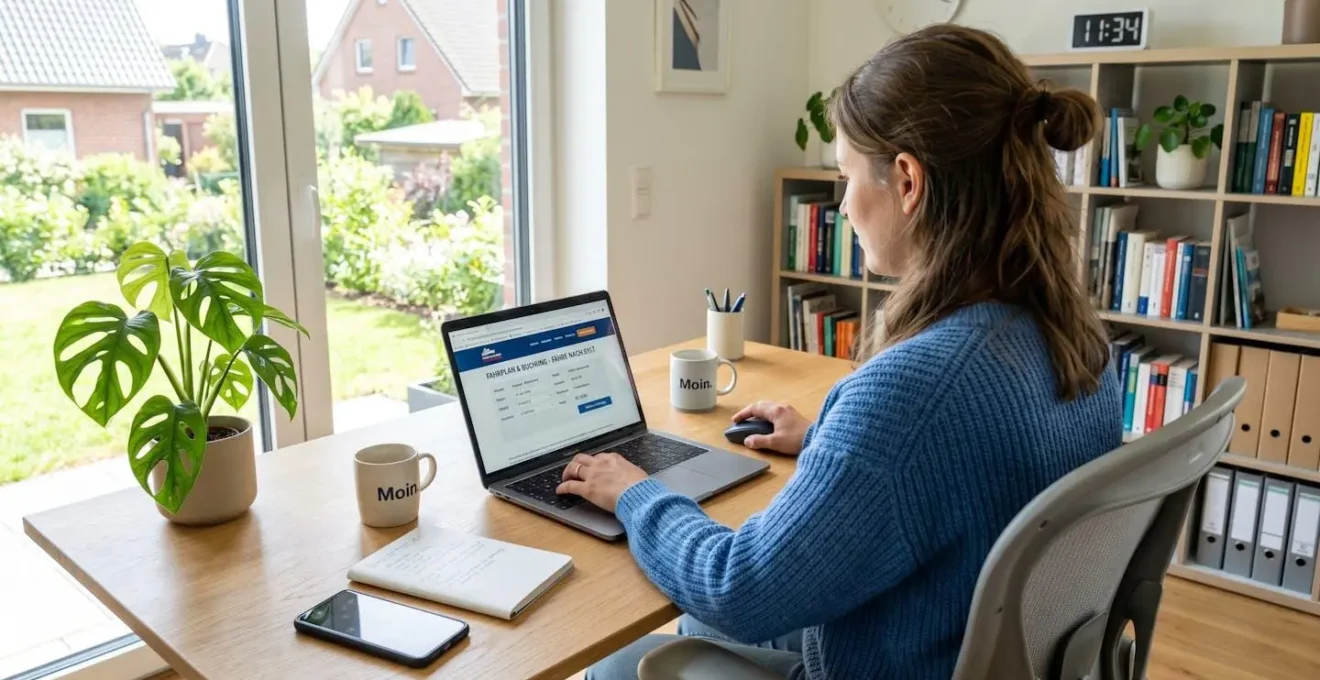 Eine Person sitzt an einem hellen modernen Schreibtisch und bucht eine Fährüberfahrt auf einem Laptop, Blick über die Schulter auf den Bildschirm mit Buchungsinterface