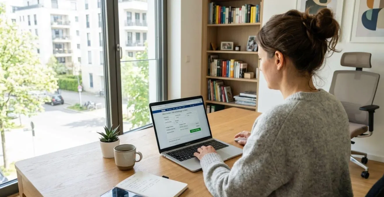Eine Person sitzt an einem hellen modernen Schreibtisch und bucht eine Fährüberfahrt auf einem Laptop, Blick über die Schulter auf den Bildschirm mit Buchungsinterface