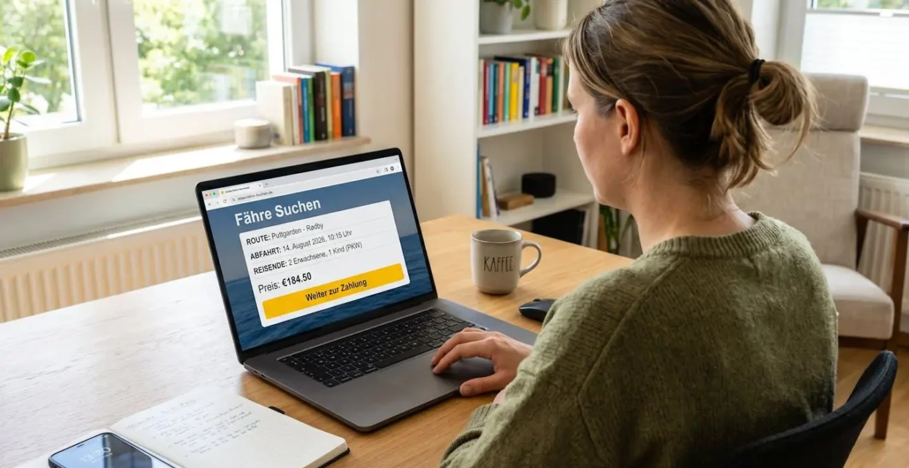 Eine Person sitzt an einem hellen modernen Schreibtisch und bucht eine Fährüberfahrt auf einem Laptop, Blick über die Schulter auf den Bildschirm mit Buchungsinterface